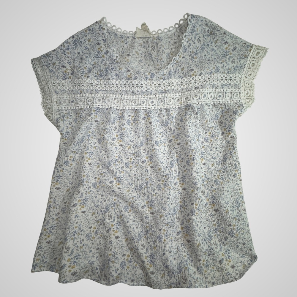 Flower & Feather Floral Lace Trim Top Blue White‎ Boho Cottagecore Plus Size 3XL